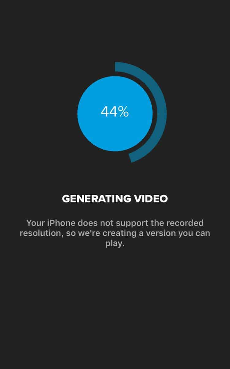 GoPro Quik app showing a 44% progress circle while generating a playable video from the recording