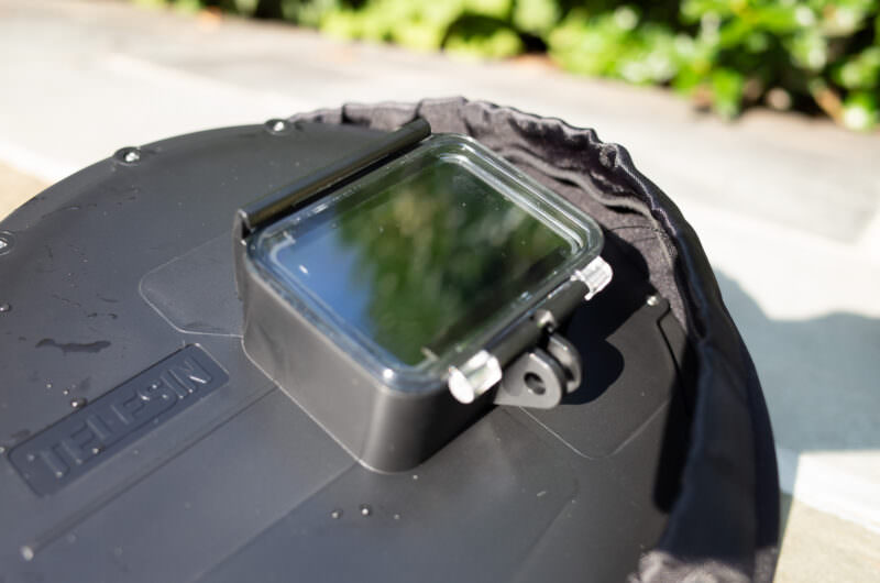 Closed back door and top lock latch on an assembled GoPro dome port housing