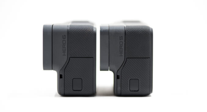 A GoPro HERO6 Black side-by-side with a HERO5 Black, seen from the side without frames.