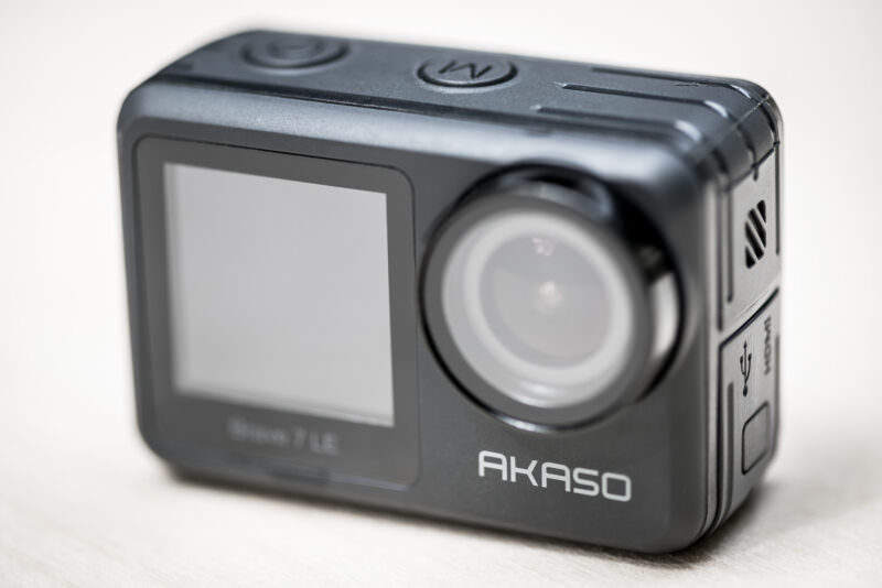 AKASO Brave 7 LE front-facing selfie screen next to the camera lens