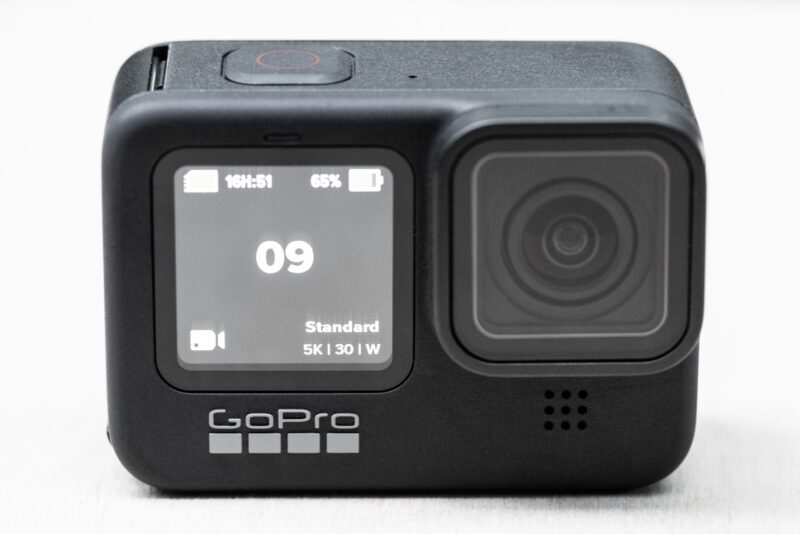 GoPro HERO9 Black front-facing display showing battery life, storage time, and Standard 5K30 video mode