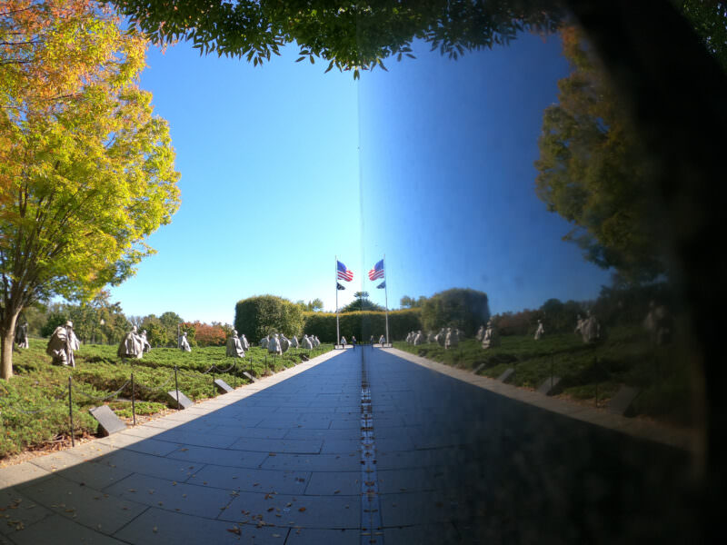 Korean War Veterans Memorial reflective wall with statues and flags, sample shot from the GoPro HERO8 Black