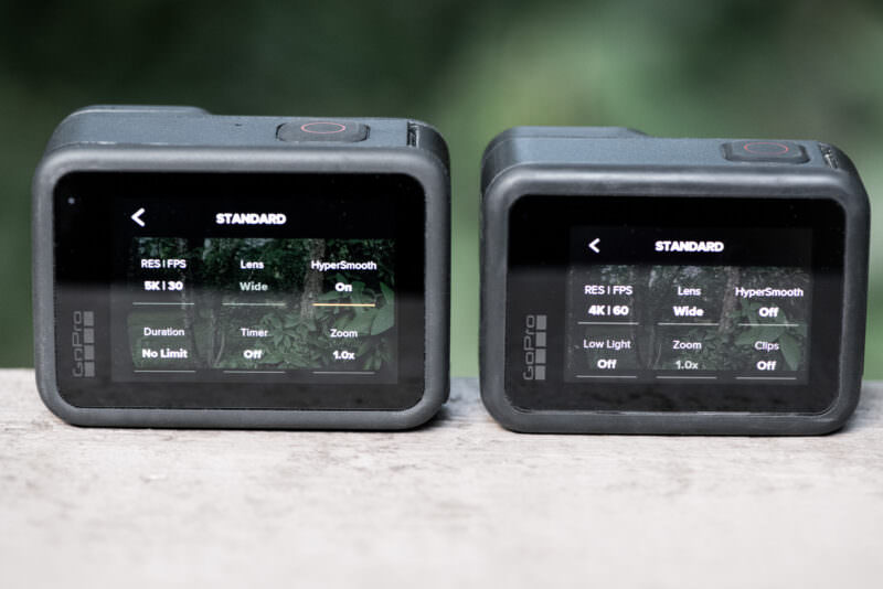 GoPro HERO9 Black and HERO8 Black touchscreens showing Standard video settings menus with resolution and HyperSmooth options