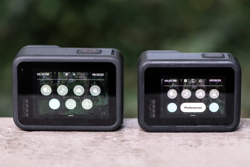 GoPro HERO9 Black and HERO8 Black rear touchscreens displaying their respective control icon layouts outdoors