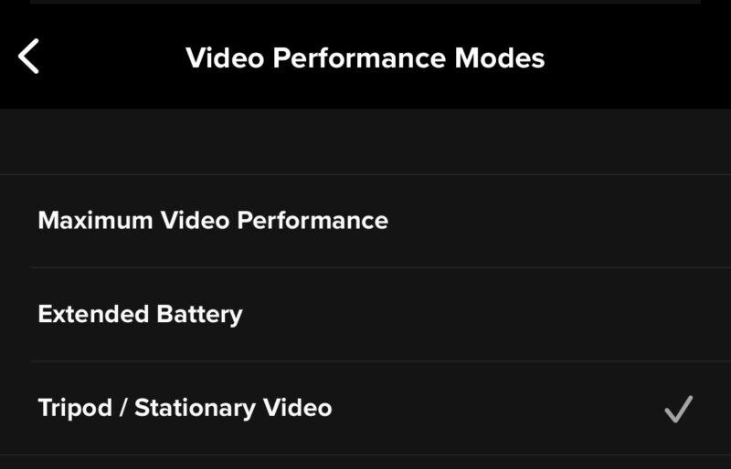 GoPro Quik app Video Performance Modes menu with Tripod / Stationary Video selected