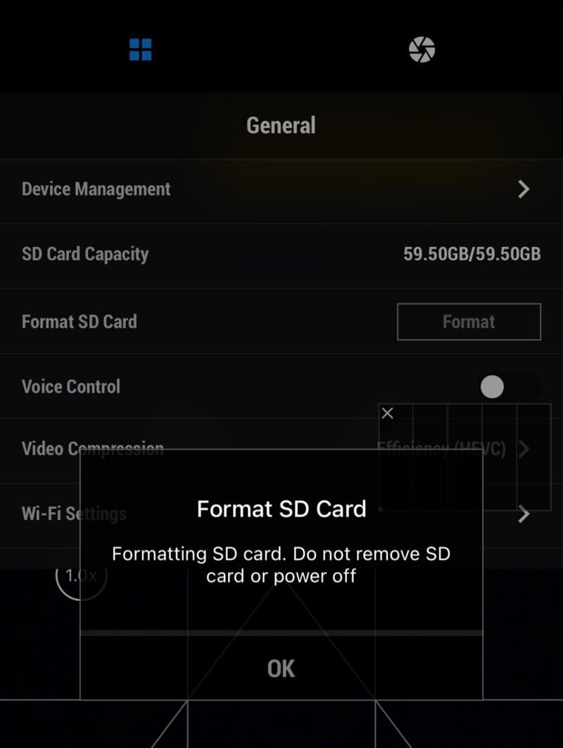 Screenshot showing how to format the SD Card Using the DJI Mimo Mobile App