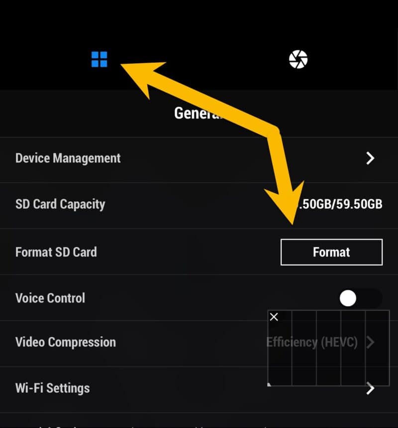 Screenshot showing how to format the SD Card Using the DJI Mimo Mobile App