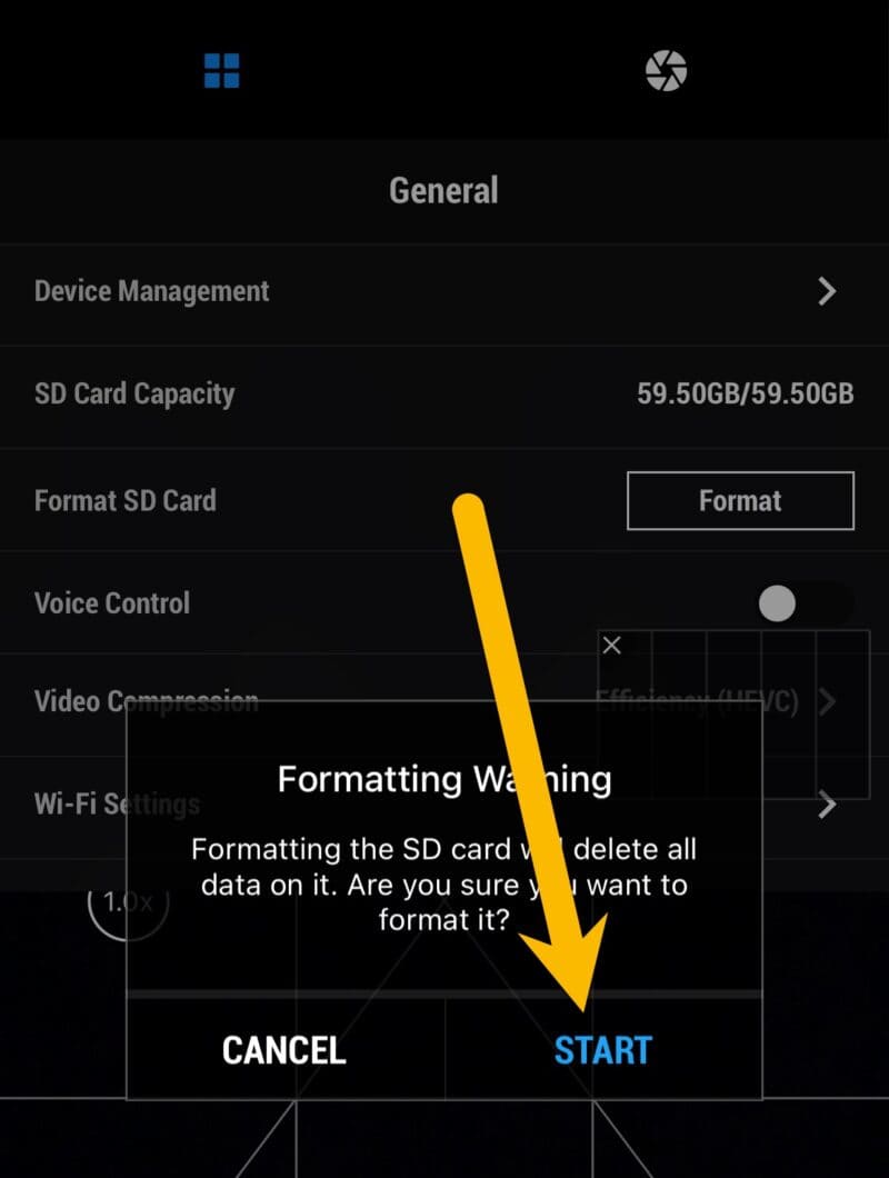 Screenshot showing how to format the SD Card Using the DJI Mimo Mobile App