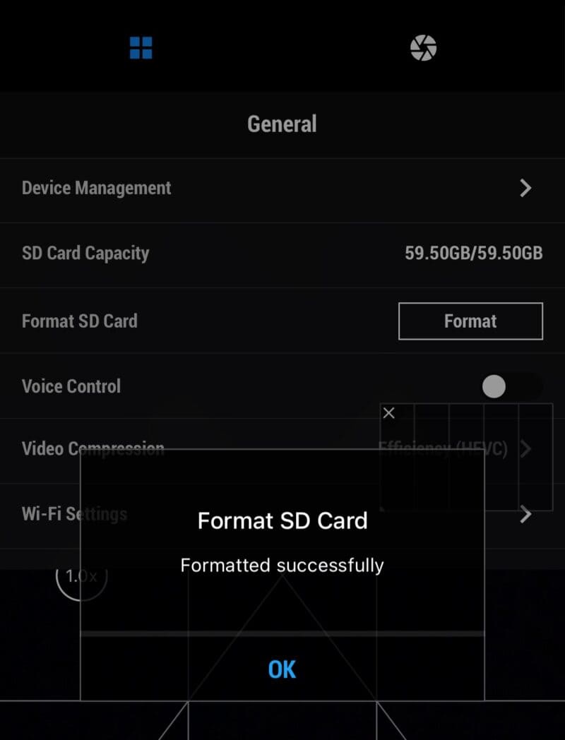 Screenshot showing how to format the SD Card Using the DJI Mimo Mobile App