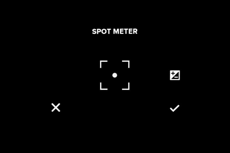 GoPro Spot Meter overlay screen showing the bracketed target square and exposure compensation icon
