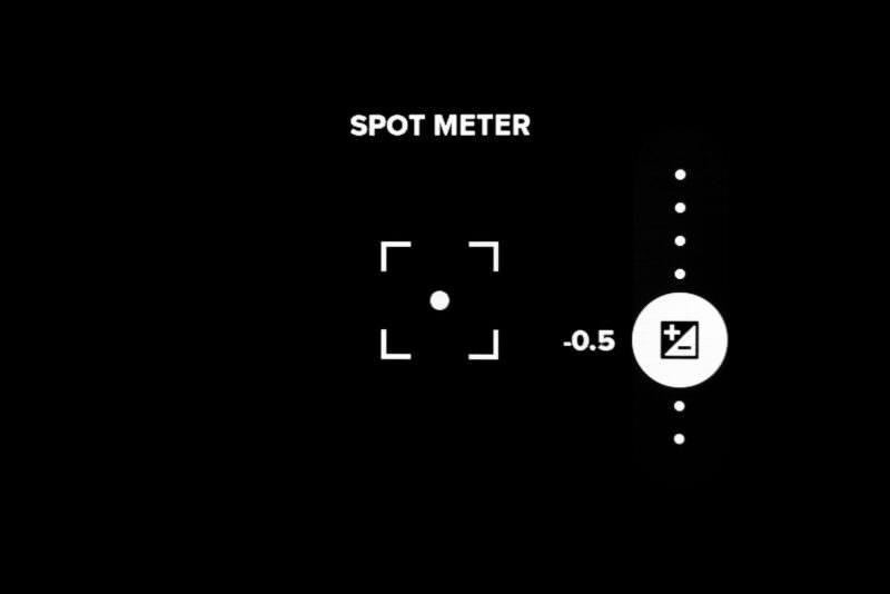 GoPro Spot Meter screen with exposure compensation slider open showing a minus 0.5 stop adjustment