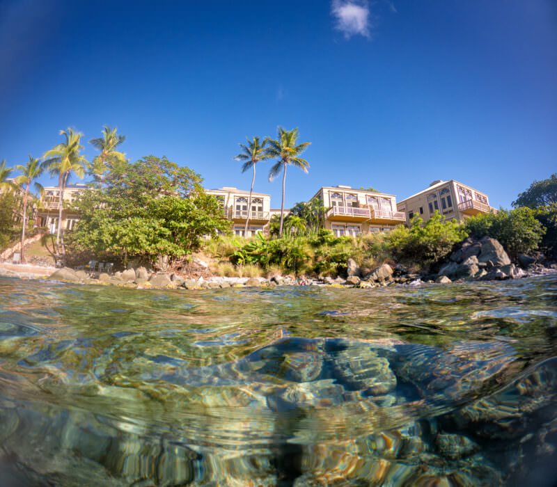 Waterfront villas with palm trees viewed half-submerged from the sea in the US Virgin Islands