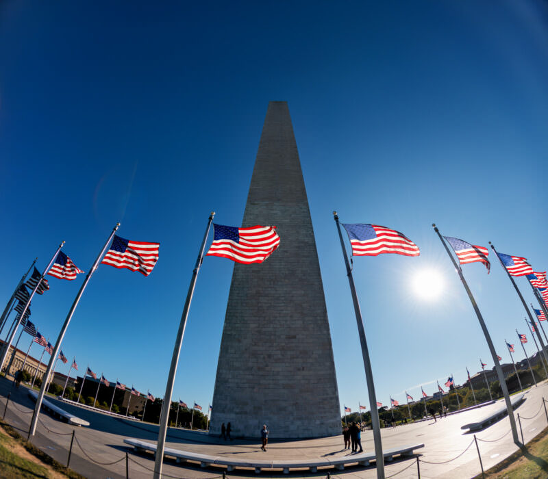 Washington Monument obelisk framed by rows of waving American flags under a clear blue sky