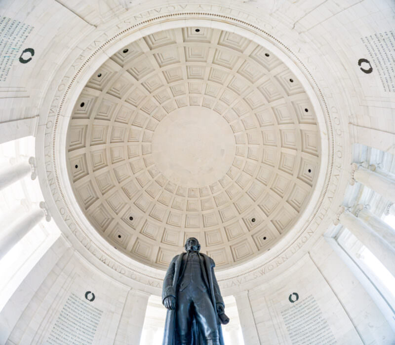 Looking up inside the Jefferson Memorial dome at the bronze statue and coffered ceiling