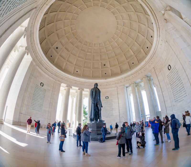 Jefferson Memorial interior with statue beneath the coffered dome, wide fisheye shot from the GoPro HERO12 Black