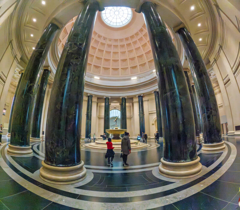 National Gallery of Art rotunda with dark marble columns and domed skylight, captured with GoPro HERO12 Black