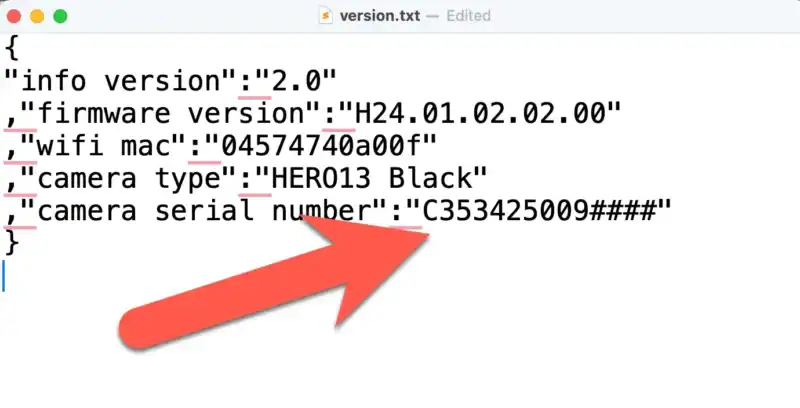 version.txt file on an SD card listing the GoPro HERO13 camera serial number