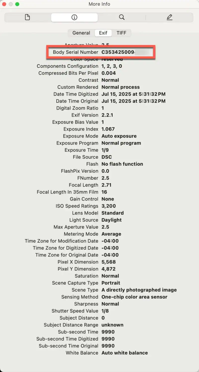 Mac Get Info Exif panel highlighting the GoPro's body serial number field