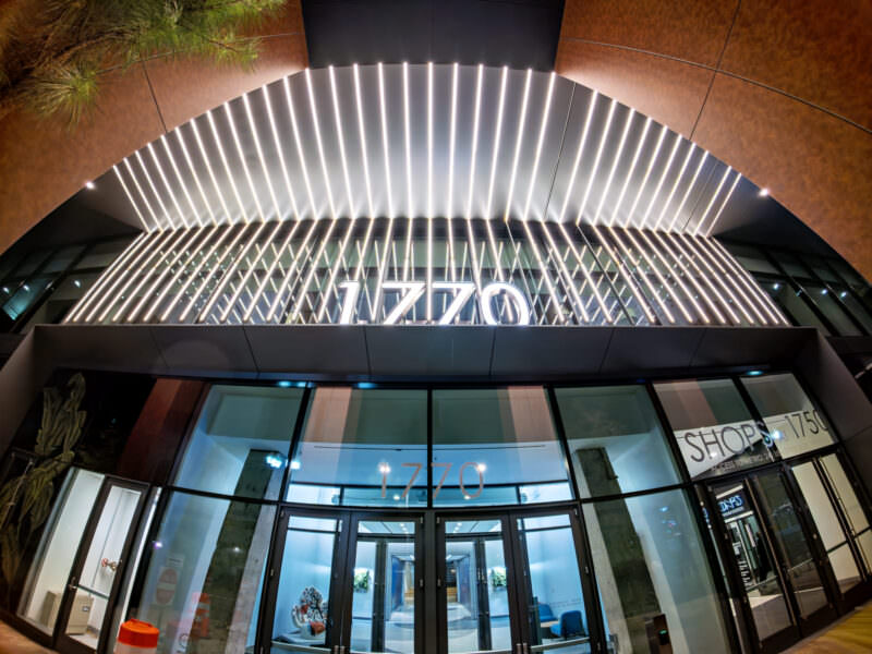 Night-time sample shot from the Insta360 Ace Pro 2 of the illuminated 1770 building entrance