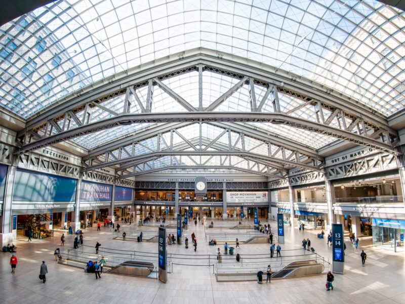 Sample photo from the Insta360 Ace Pro 2 of the glass-roofed Moynihan Train Hall in New York