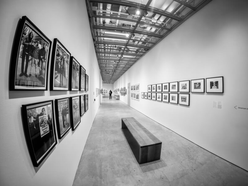 Black-and-white sample image from the Insta360 Ace Pro 2 of a museum photography gallery corridor