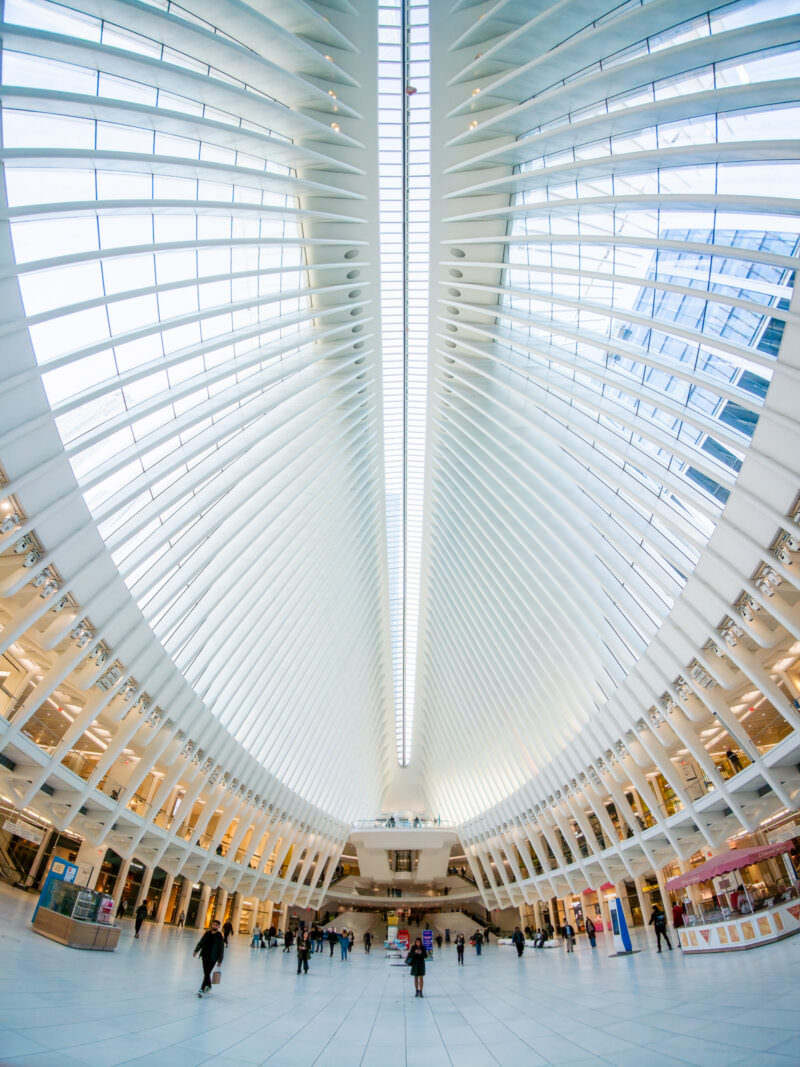 Sample photo from the Insta360 Ace Pro 2 of the Oculus transit hub's ribbed white interior in New York