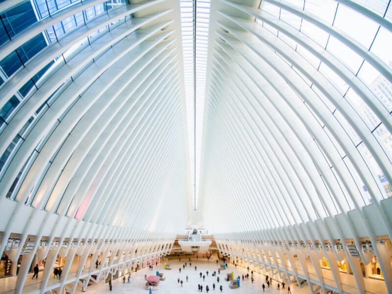 Sample image from the Insta360 Ace Pro 2 of the Oculus interior's soaring white ribbed archways