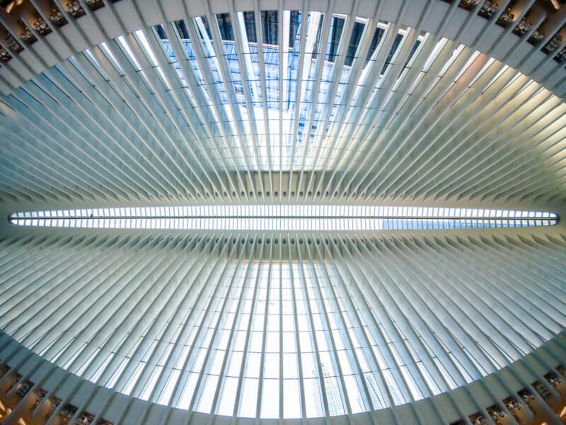 Sample image from the Insta360 Ace Pro 2 looking straight up through the Oculus building's oculus skylight