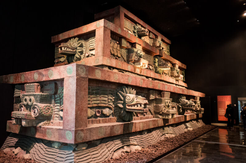 Full-scale polychrome replica of Temple of Quetzalcoatl with feathered-serpent heads projecting from terraced facades