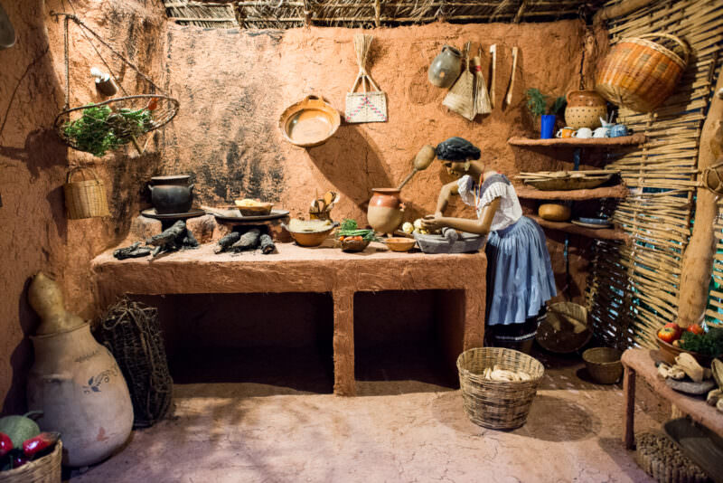 Guerrero state kitchen diorama with adobe hearth, stone metate, clay ollas, woven baskets, and woman mid-preparation in traditional dress