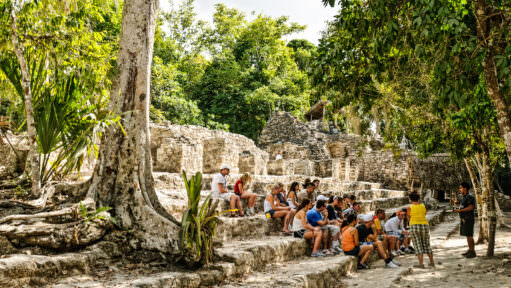 La Iglesia Pyramid Coba Archaeological Site Mexico with Students