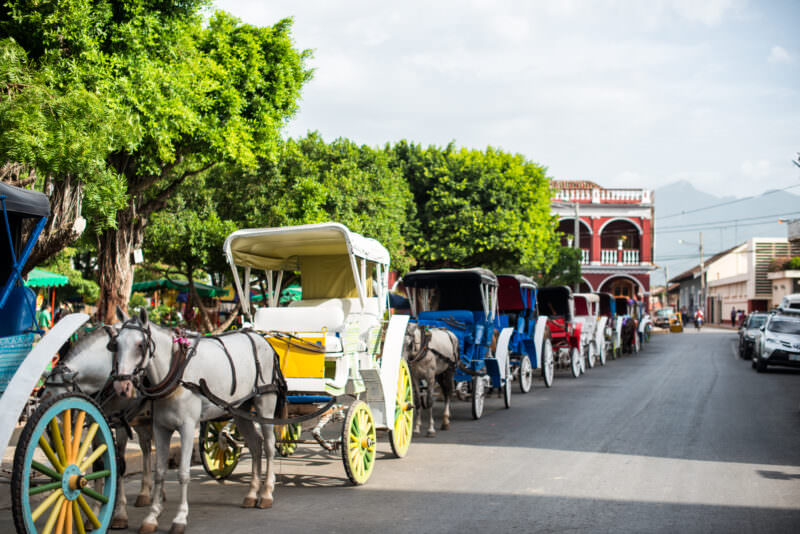 Horse-drawn carriages waiting along Parque Central's edge, red two-story building with arches visible behind trees