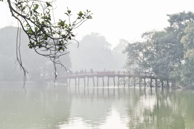 Huc Bridge Misty Vermillion Wooden Hoan Kiem Lake Hanoi Vietnam