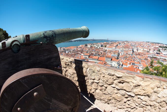 Castelo de Sao Jorge Lisbon Cityscape With Cannon Tagus River Portugal