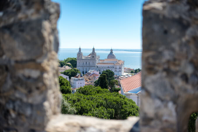 Sao Jorge Castle Panoramic Cityscape And River View Lisbon Portugal