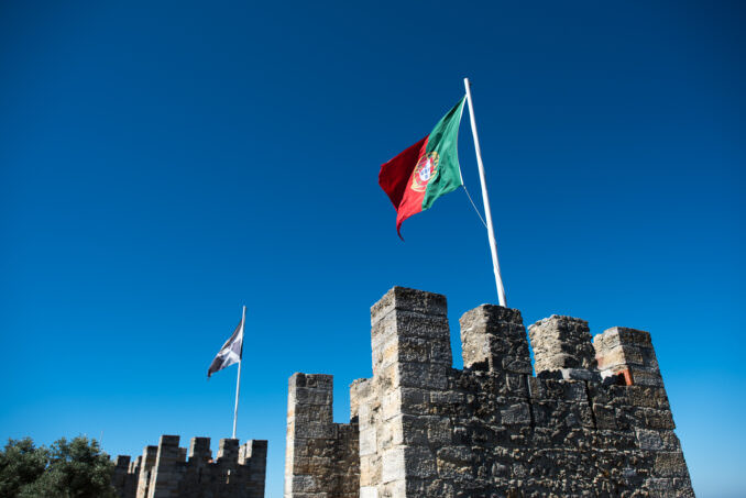 Sao Jorge Castle 14th Century Moorish Castle Walls Portuguese Flag Lisbon Portugal