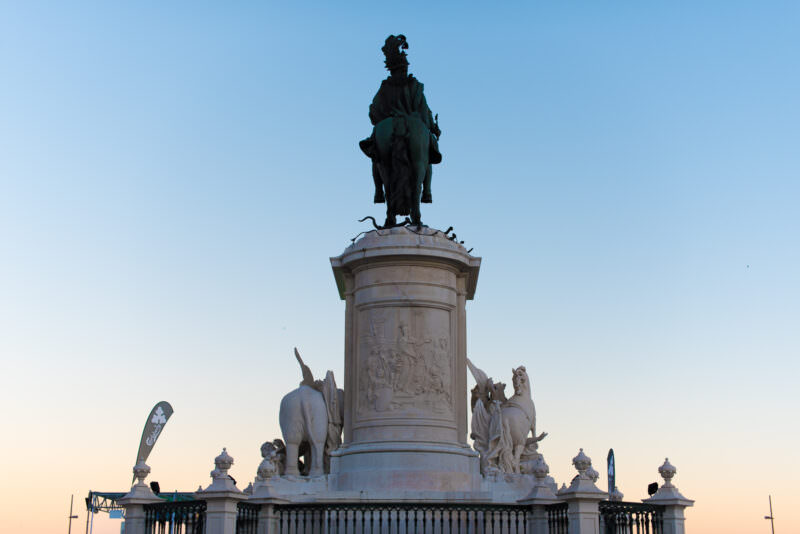 Bronze equestrian statue of King Joseph I atop its stone pedestal in Praça do Comércio, Lisbon