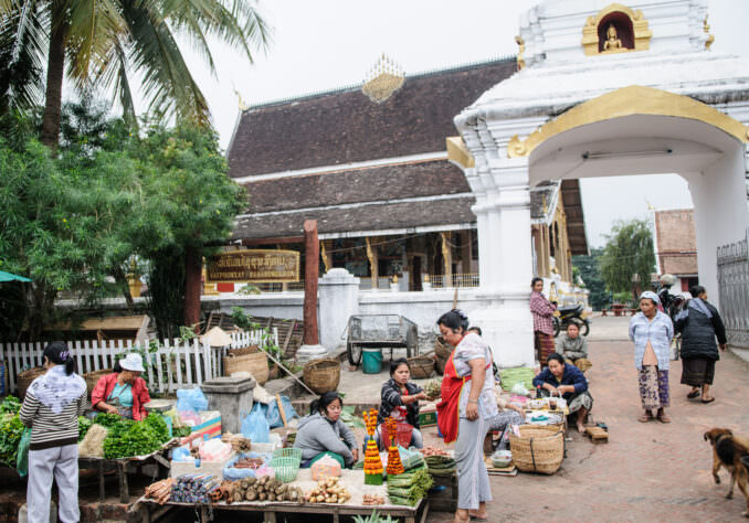 Wat Phonxay Sanasongkham Morning Market Fresh Produce Vendors Luang Prabang Laos