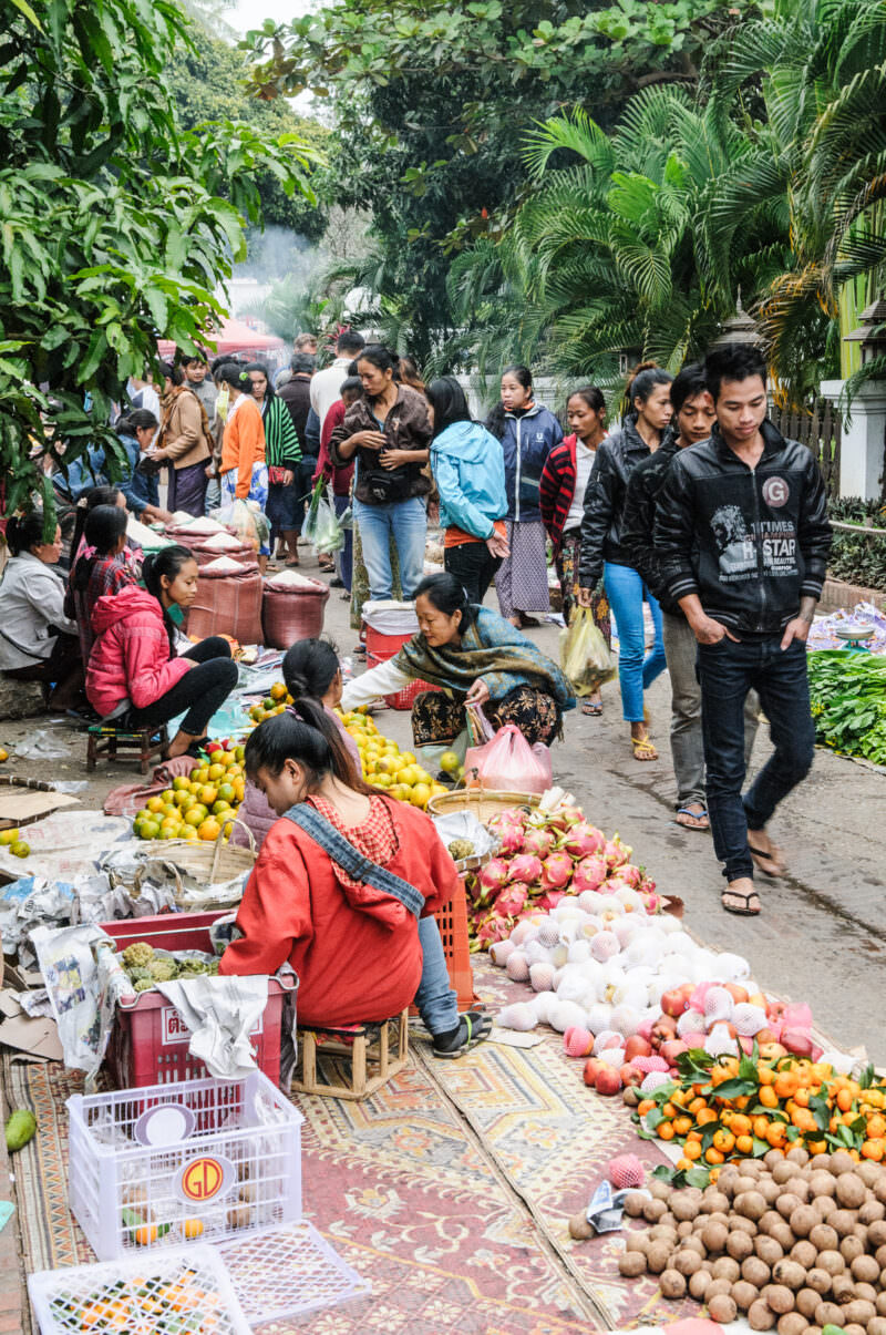 Shoppers walking past vendors with dragon fruit and produce on woven mats, lush palms and morning haze in background