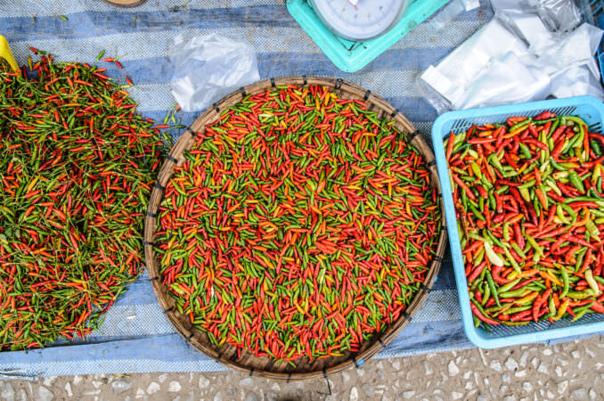 Mak Pet Ki Nuu Chili Peppers Red Green Woven Basket Morning Market Luang Prabang Laos