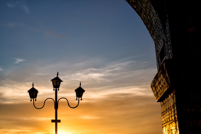 Sutaungpyei Pagoda Glass Mosaic Arch Lamp Silhouette Sunset Mandalay