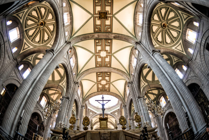 Catedral Metropolitana nave in fisheye view looking up, barrel vault and conoidal vaults on forty fluted columns