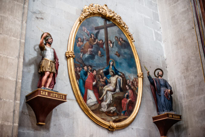 San Hipolito San Casiano Statues Crucifixion Painting Mexico City Cathedral