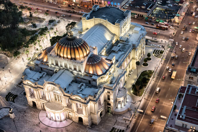 Palacio de Bellas Artes Aerial Night Mexico City