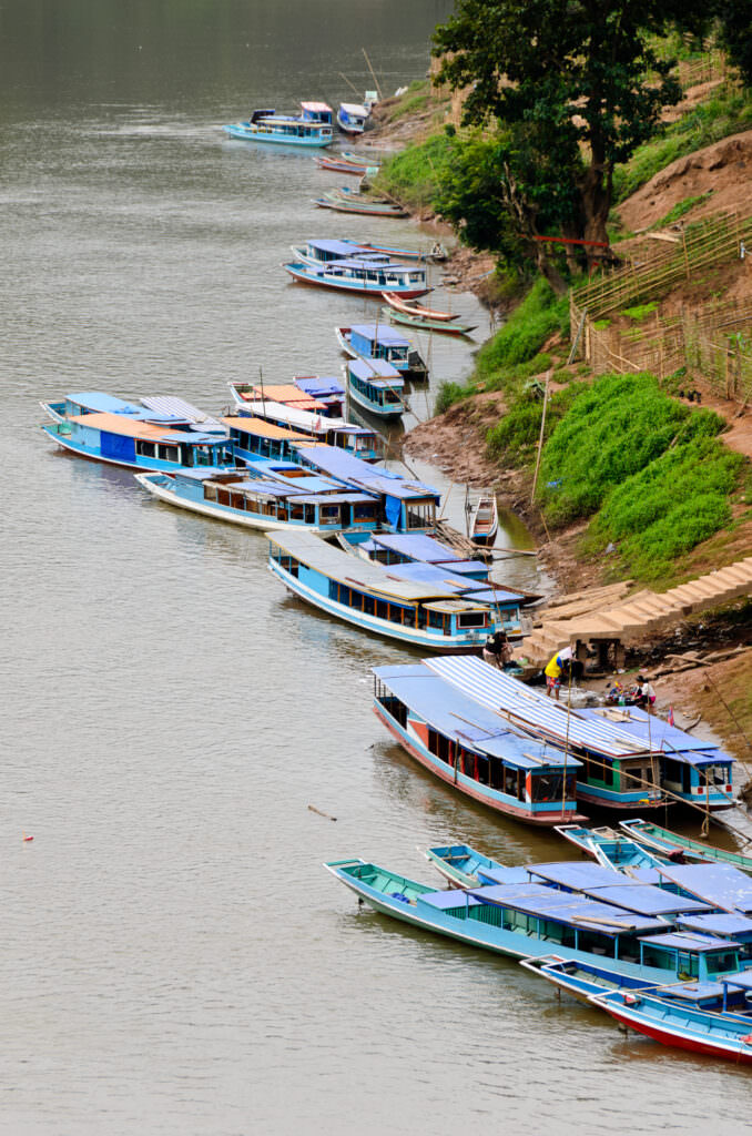 Nam Ou River Waterfront Moored Traditional Wooden Boats Nong Khiaw Laos