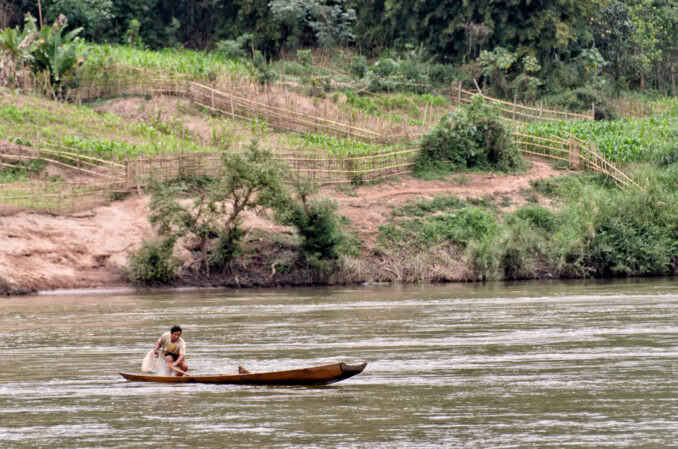 Nam Ou River Fisherman Wooden Canoe Net Nong Khiaw Laos