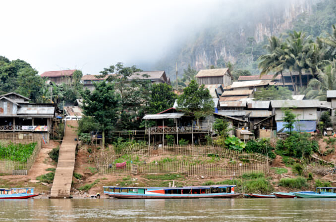 Nam Ou River Wooden Stilt Houses Longtail Boats Limestone Karst Nong Khiaw Laos