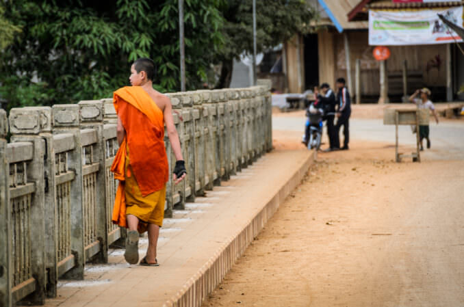 Buddhist Novice Orange Robes Concrete Bridge Nong Khiaw Laos