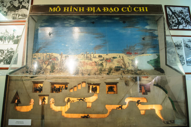 Miniature cutaway diorama showing the underground layout of the Cu Chi tunnel network