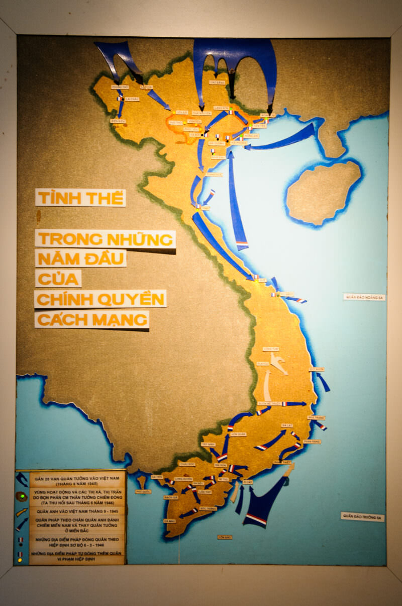 An illuminated tactical map showing French troop movement arrows across Vietnam during the First Indochina War